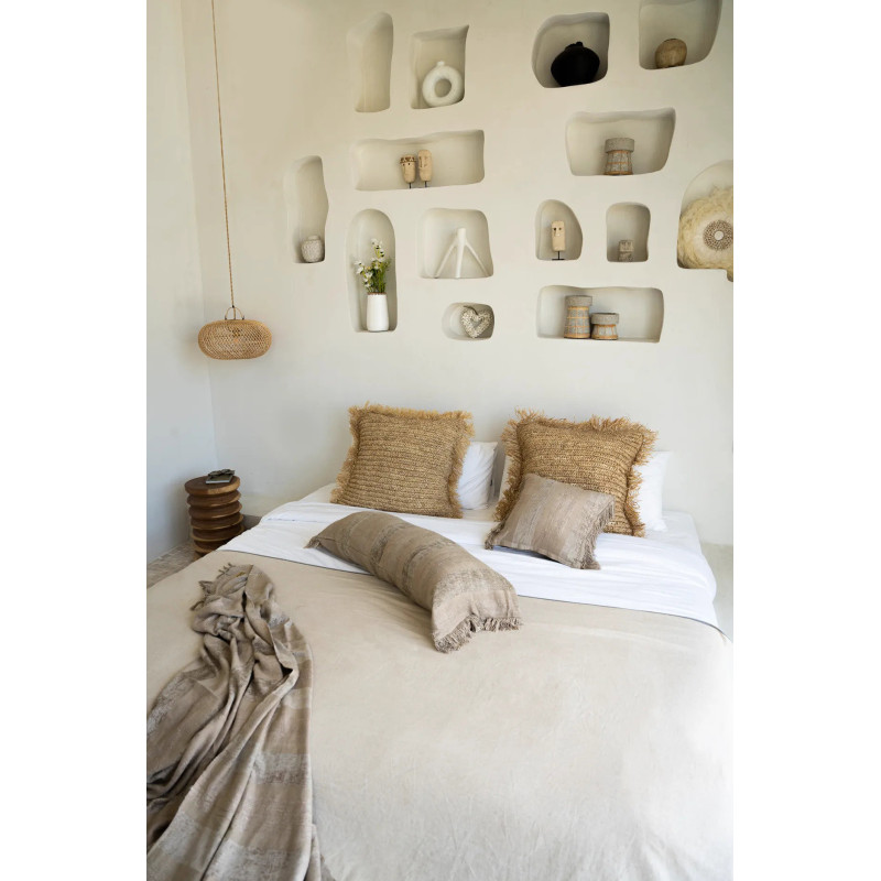 Housse de coussin XL Carrée 60x60 en Raphia Naturel avec franges The Raffia Square 