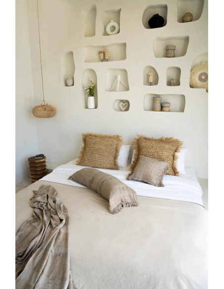 Housse de coussin XL Carrée 60x60 en Raphia Naturel avec franges The Raffia Square 