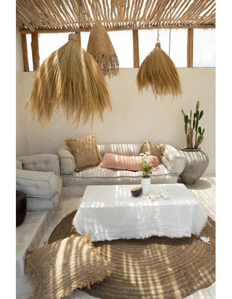 Housse de coussin XL Carrée 60x60 en Raphia Naturel avec franges The Raffia Square 