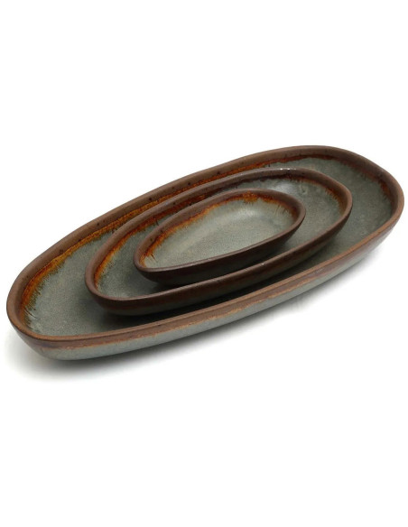 Plat de service organique ovale 17 cm Grès Gris vert Marron The Côa 