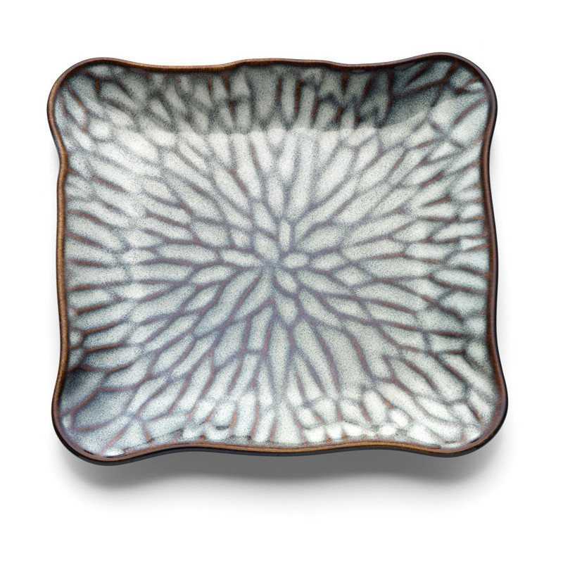 Assiette à dessert japonaise Carrée 20 cm Céramique Gris Marron The Lotus Ice 