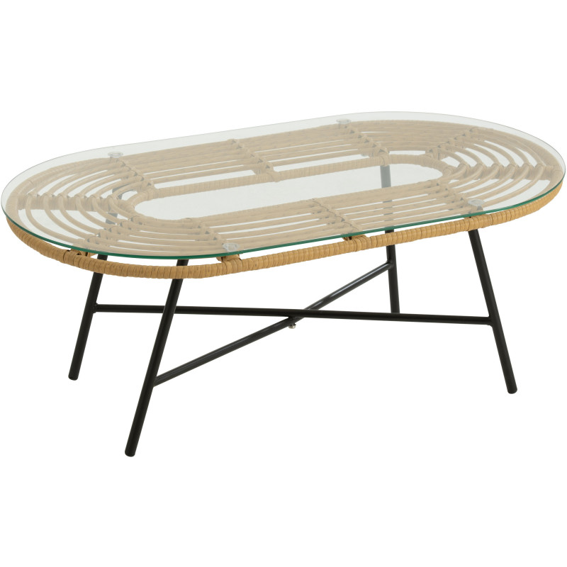 Table basse extérieur verre métal noir rotin synthétique naturel - 1