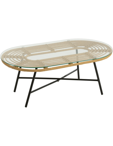 Table basse extérieur verre métal noir rotin synthétique naturel - 1