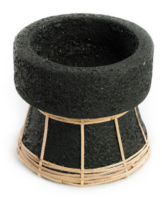 Bougeoir sur pied Rond Hauteur 12 cm en Terre cuite Noir Raphia Naturel The Serene 