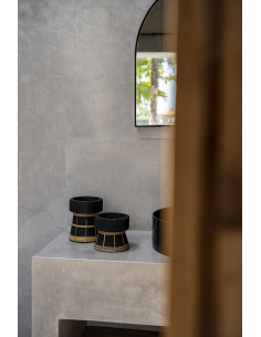 Bougeoir sur pied Rond Hauteur 12 cm en Terre cuite Noir Raphia Naturel The Serene 