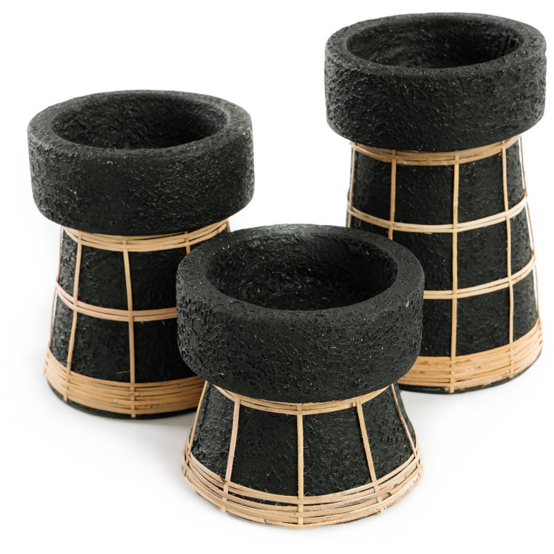 Bougeoir sur pied Rond Hauteur 12 cm en Terre cuite Noir Raphia Naturel The Serene 