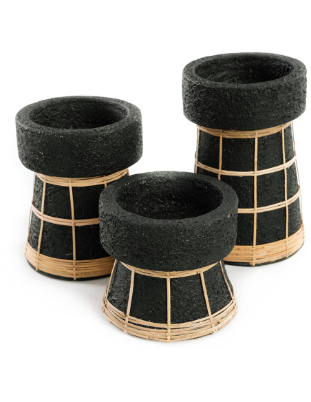 Bougeoir sur pied Rond Hauteur 12 cm en Terre cuite Noir Raphia Naturel The Serene 