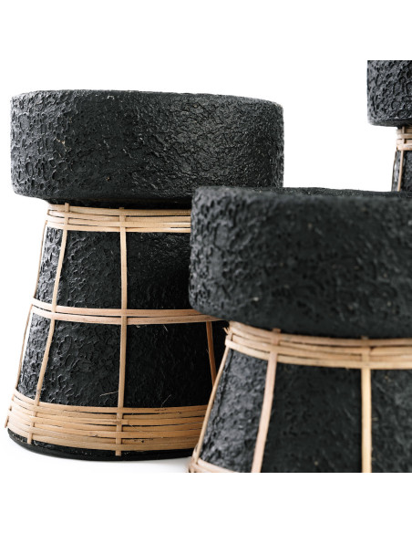 Bougeoir sur pied Rond Hauteur 12 cm en Terre cuite Noir Raphia Naturel The Serene 