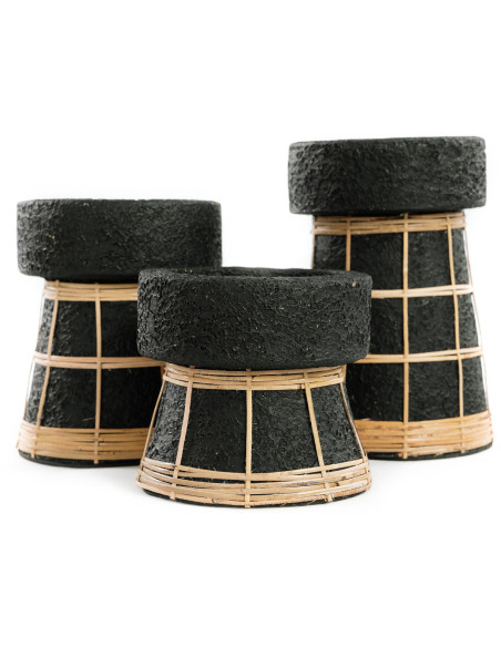 Bougeoir sur pied Rond Hauteur 12 cm en Terre cuite Noir Raphia Naturel The Serene 
