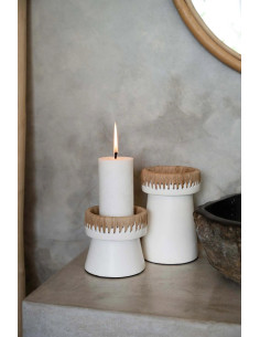 Bougeoir sur pied Rond Hauteur 12 cm en Terre cuite Blanc Raphia Naturel The Pretty 
