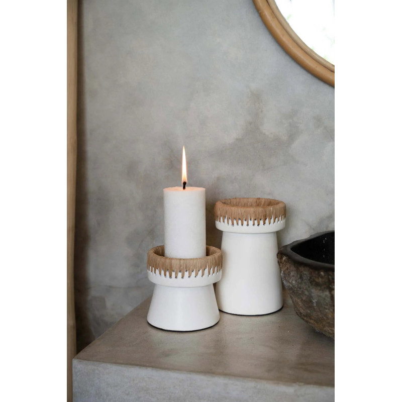 Bougeoir sur pied Rond Hauteur 12 cm en Terre cuite Blanc Raphia Naturel The Pretty 