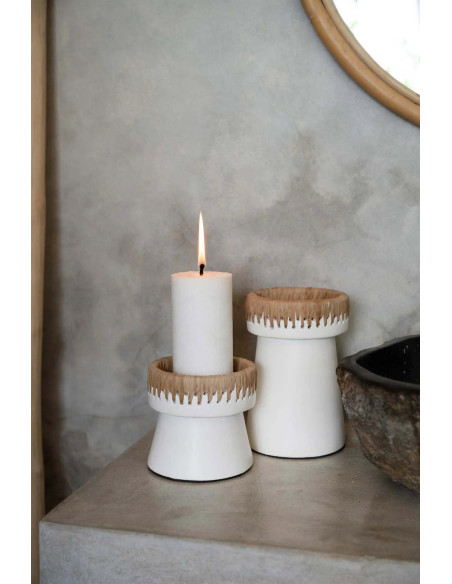 Bougeoir sur pied Rond Hauteur 12 cm en Terre cuite Blanc Raphia Naturel The Pretty 