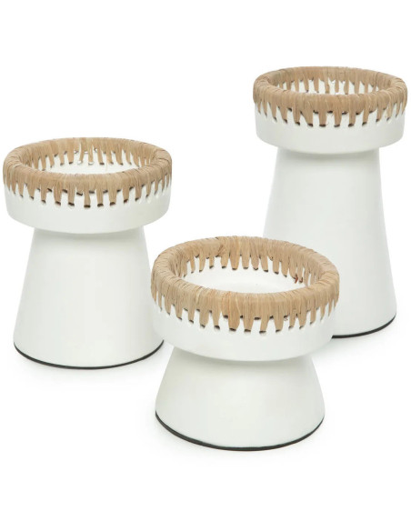 Bougeoir sur pied Rond Hauteur 12 cm en Terre cuite Blanc Raphia Naturel The Pretty 