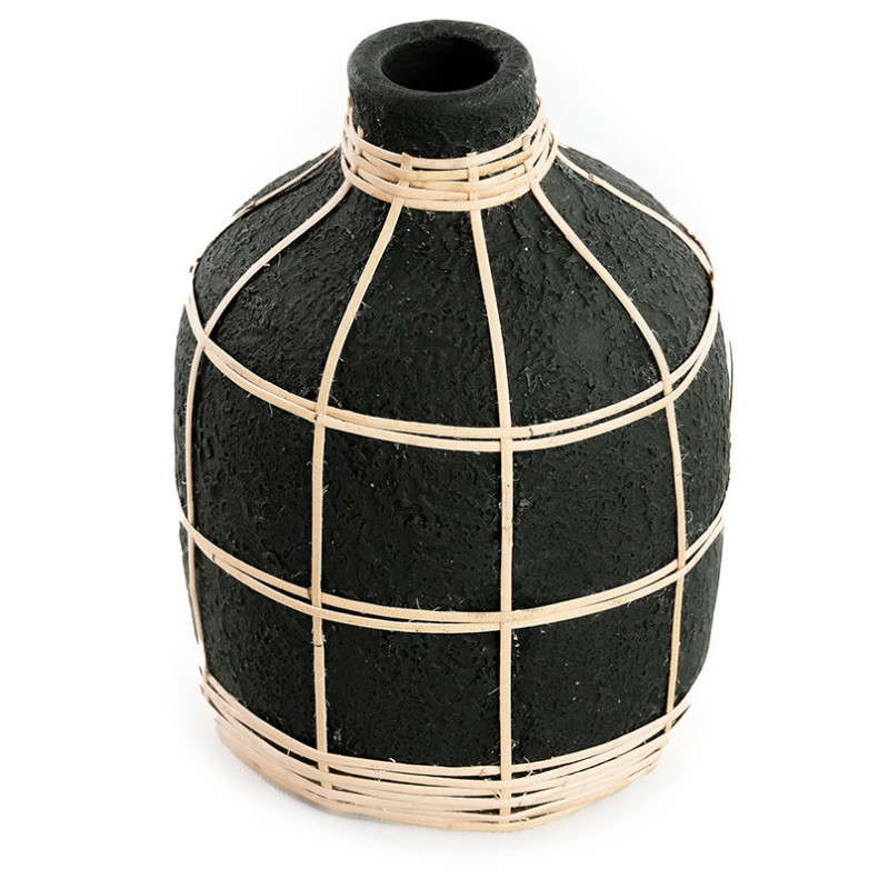 Vase Bouteille Hauteur 19 cm en Terre cuite Noir Raphia Naturel The Whoopy 