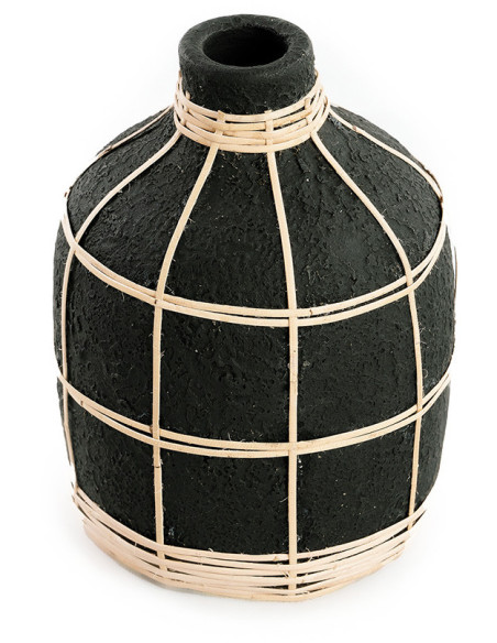 Vase Bouteille Hauteur 19 cm en Terre cuite Noir Raphia Naturel The Whoopy 