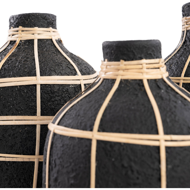 Vase Bouteille Hauteur 19 cm en Terre cuite Noir Raphia Naturel The Whoopy 