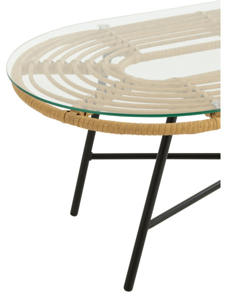 Table basse extérieur verre métal noir rotin synthétique naturel - 4