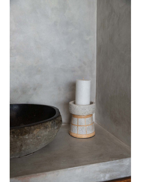 Bougeoir sur pied Rond Hauteur 20 cm en Terre cuite Gris béton Raphia Naturel The Serene 