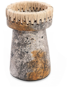 Bougeoir sur pied Rond Hauteur 20 cm en Terre cuite Gris antique Raphia Naturel The Pretty 