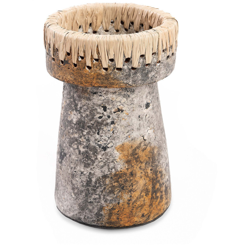 Bougeoir sur pied Rond Hauteur 20 cm en Terre cuite Gris antique Raphia Naturel The Pretty 