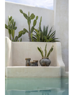 Bougeoir sur pied Rond Hauteur 20 cm en Terre cuite Gris antique Raphia Naturel The Pretty 