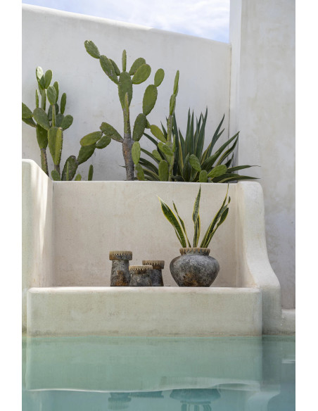 Bougeoir sur pied Rond Hauteur 20 cm en Terre cuite Gris antique Raphia Naturel The Pretty 