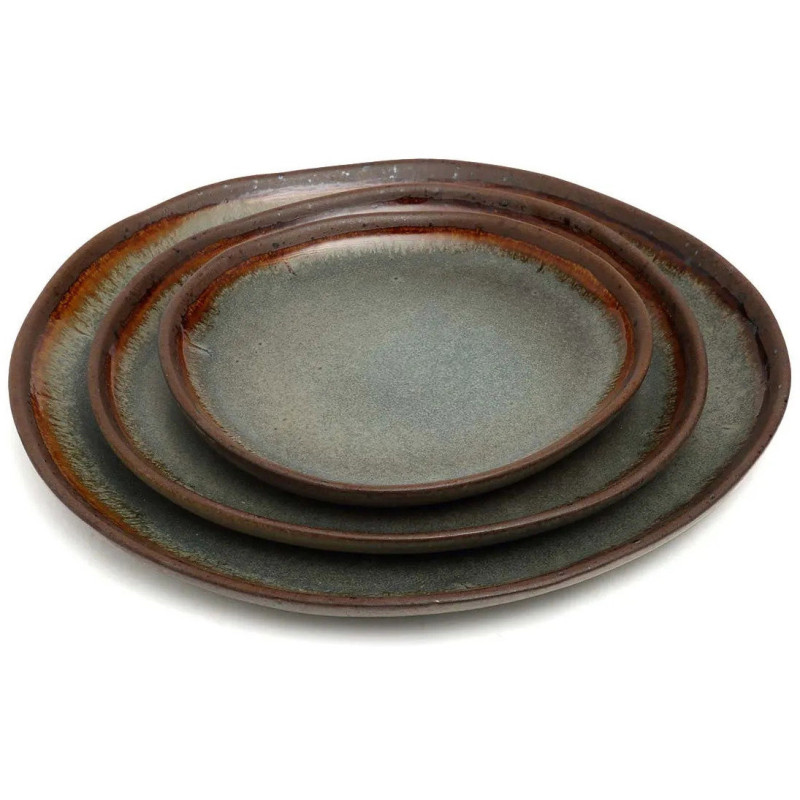 Grande Assiette plate organique ronde 28 cm Grès Gris vert Marron The Côa 