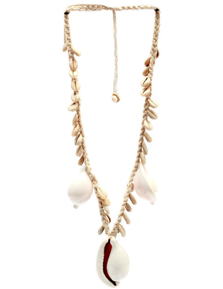 Décoration originale à suspendre Collier balinais en Coton Coquillage Blanc The Big White Cowrie 