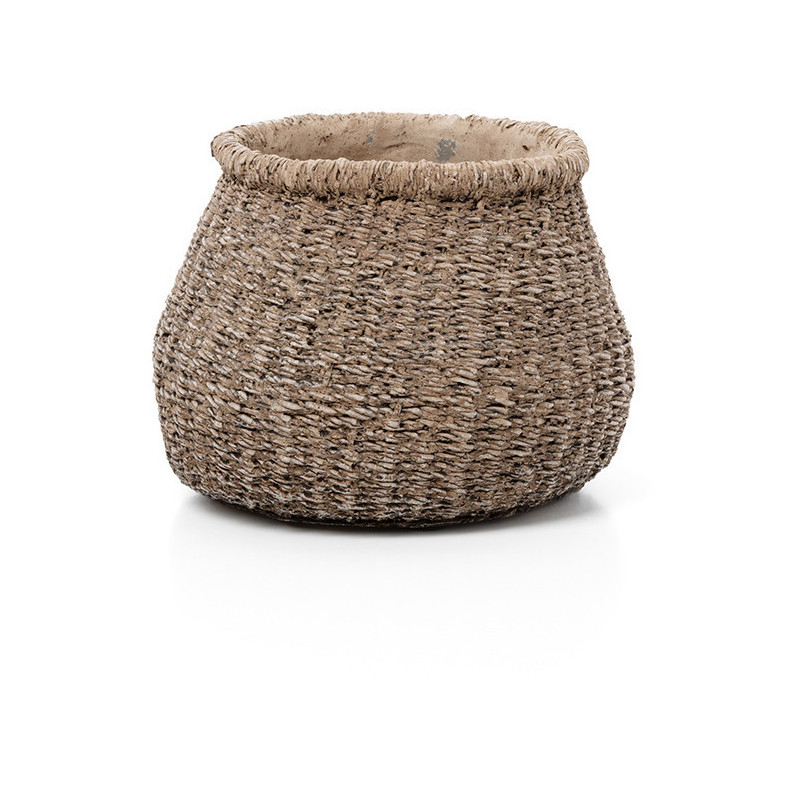 Cache-pot bohème chic Rond D 16 cm Ciment Marron Effet fibre tressée The Faux-Puff 