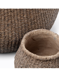 Cache-pot bohème chic Rond D 16 cm Ciment Marron Effet fibre tressée The Faux-Puff 