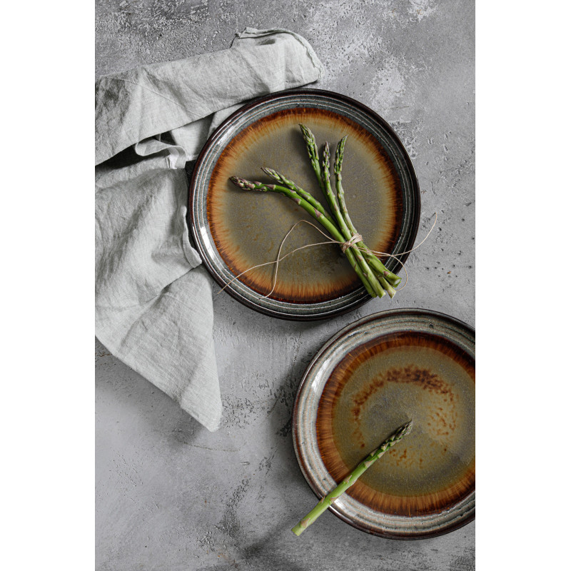 Assiette plate rustique chic Ronde 27 cm Céramique Vert de gris Marron foncé Beige The Comporta 