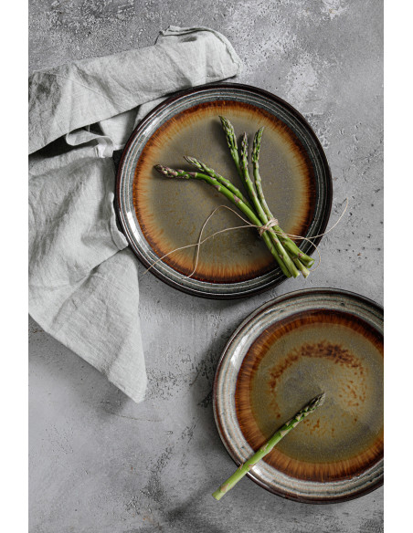 Assiette plate rustique chic Ronde 27 cm Céramique Vert de gris Marron foncé Beige The Comporta 