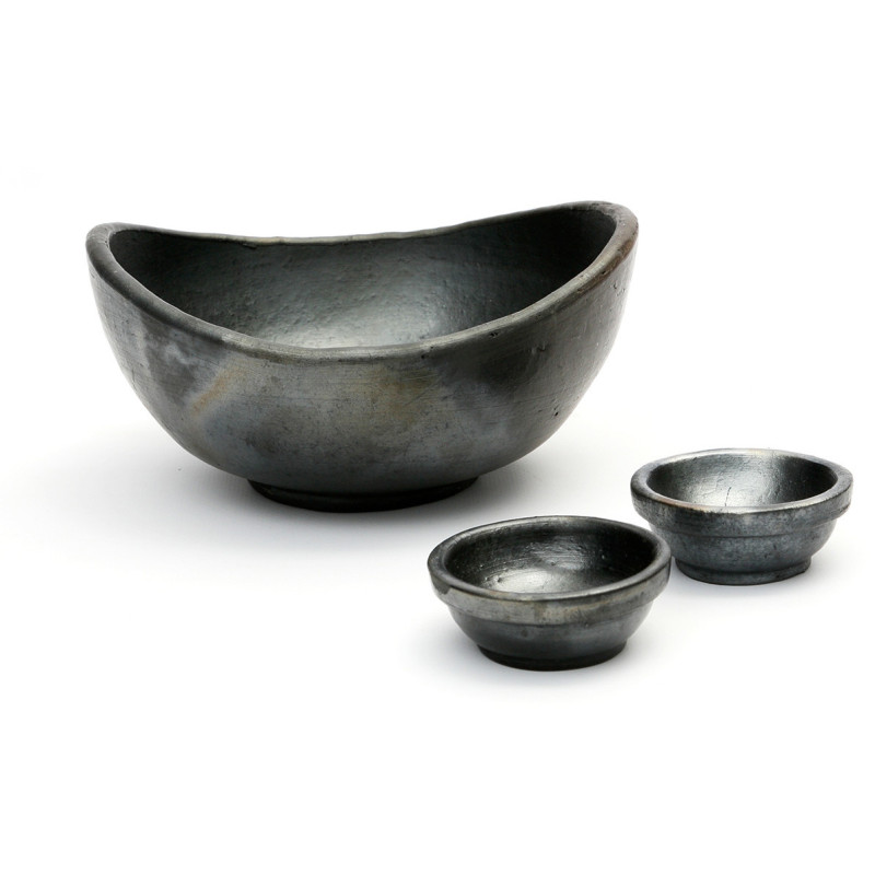 Petit Saladier ovale avec 2 bols à sauce Terre cuite Noir Effet brulé The Burned 