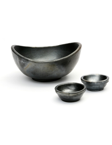 Petit Saladier ovale avec 2 bols à sauce Terre cuite Noir Effet brulé The Burned 