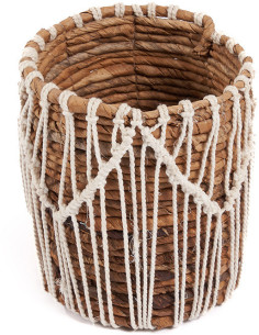 Panier de rangement original macramé Rond 14x16 en Feuille de bananier Naturel Coton Blanc The Macra-mazing 