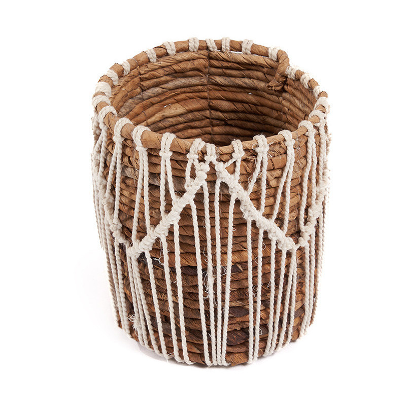 Panier de rangement original macramé Rond 14x16 en Feuille de bananier Naturel Coton Blanc The Macra-mazing 