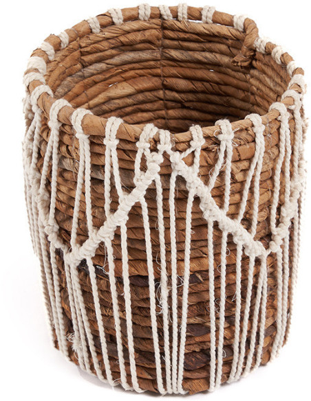 Panier de rangement original macramé Rond 14x16 en Feuille de bananier Naturel Coton Blanc The Macra-mazing 