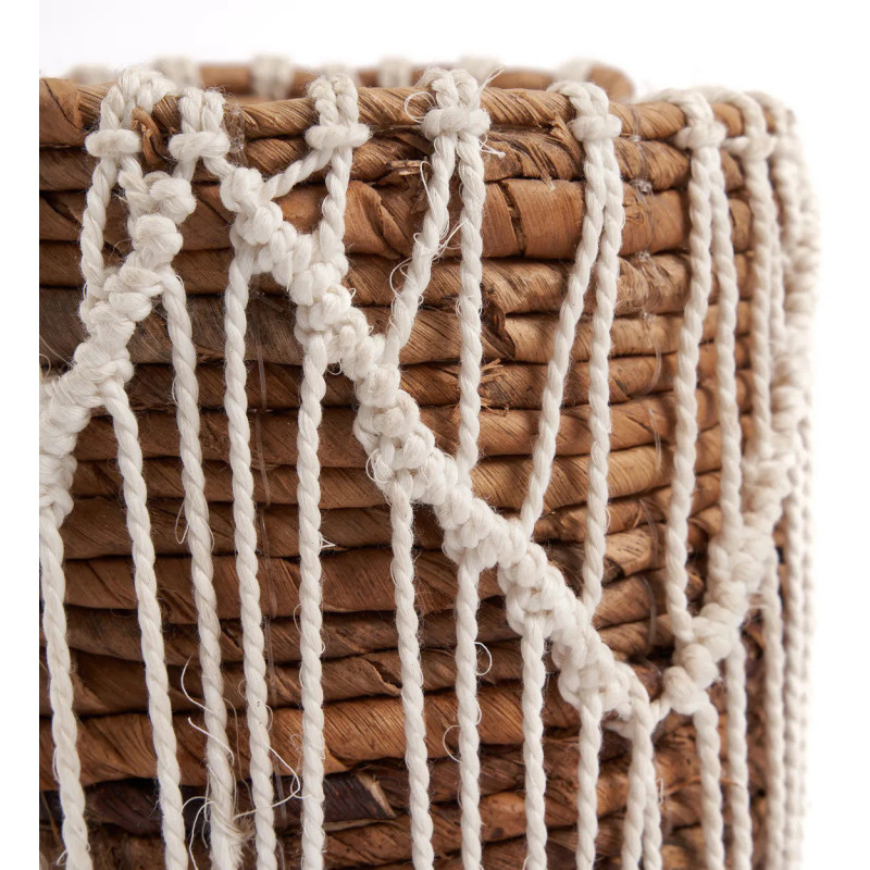 Panier de rangement original macramé Rond 14x16 en Feuille de bananier Naturel Coton Blanc The Macra-mazing 