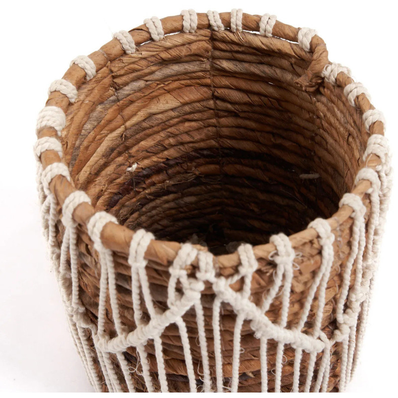 Panier de rangement original macramé Rond 14x16 en Feuille de bananier Naturel Coton Blanc The Macra-mazing 