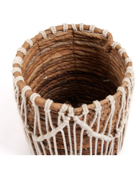 Panier de rangement original macramé Rond 14x16 en Feuille de bananier Naturel Coton Blanc The Macra-mazing 