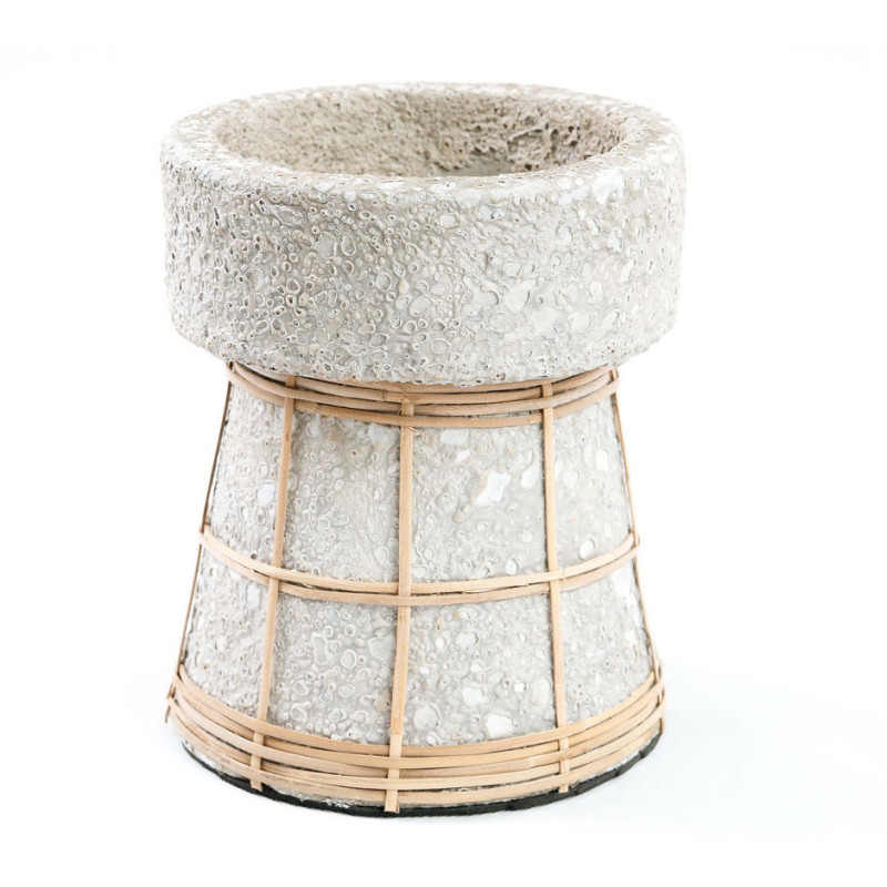 Bougeoir sur pied Rond Hauteur 16 cm en Terre cuite Gris béton Raphia Naturel The Serene 