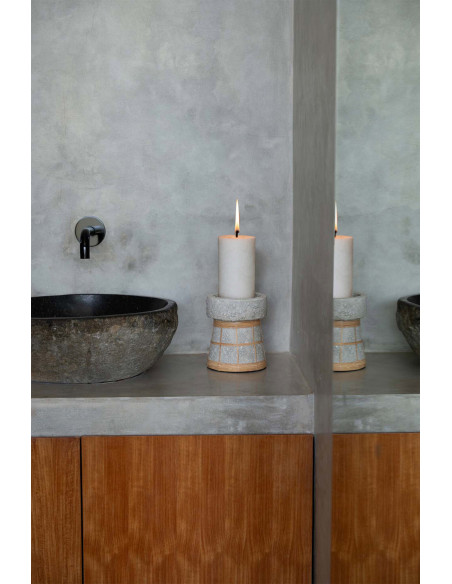 Bougeoir sur pied Rond Hauteur 16 cm en Terre cuite Gris béton Raphia Naturel The Serene 