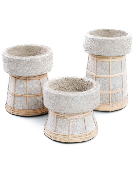 Bougeoir sur pied Rond Hauteur 16 cm en Terre cuite Gris béton Raphia Naturel The Serene 