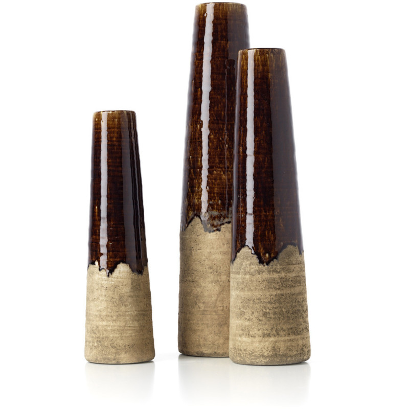 Vase ethnique moderne Conique H 39 cm Grès Marron Beige ciment The Amber Cone 