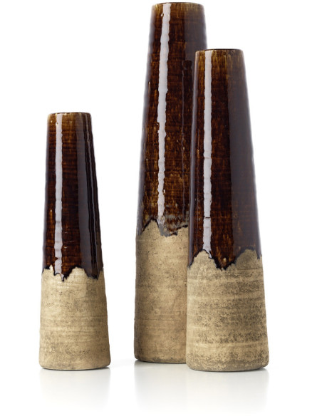 Vase ethnique moderne Conique H 39 cm Grès Marron Beige ciment The Amber Cone 