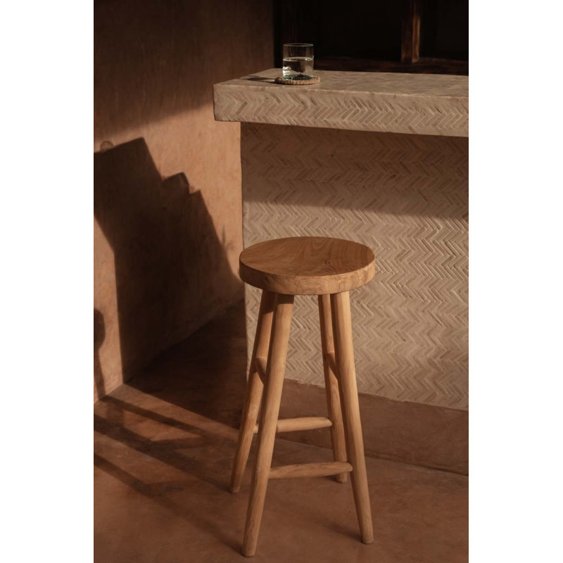 Tabouret de bar rustique Rond en Bois de teck Naturel The Kedut 
