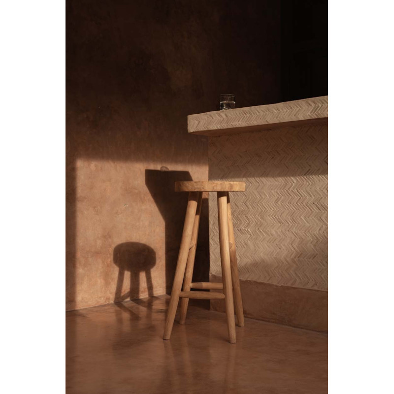 Tabouret de bar rustique Rond en Bois de teck Naturel The Kedut 