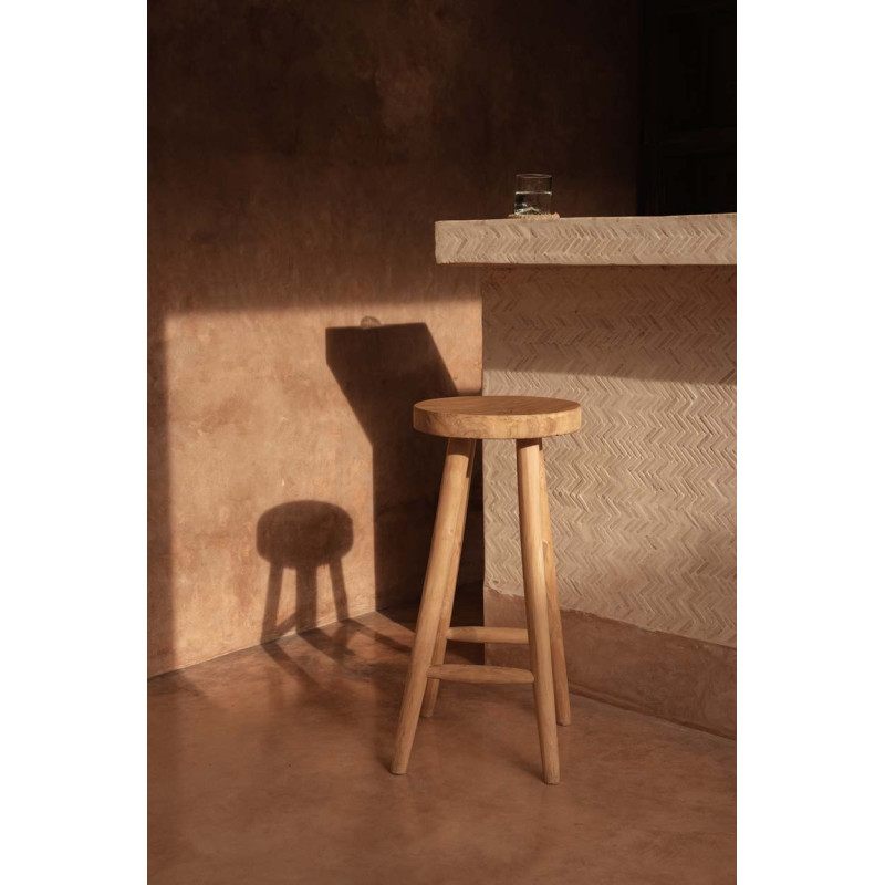 Tabouret de bar rustique Rond en Bois de teck Naturel The Kedut 