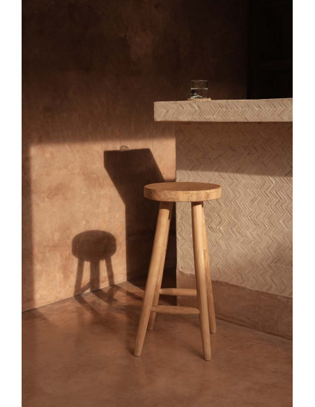 Tabouret de bar rustique Rond en Bois de teck Naturel The Kedut 