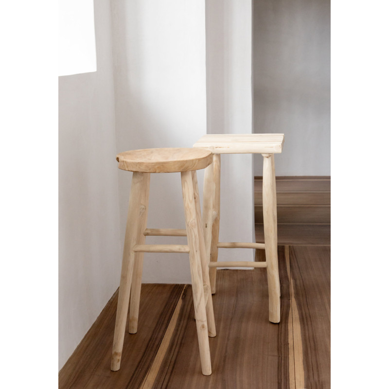 Tabouret de bar rustique Rond en Bois de teck Naturel The Kedut 